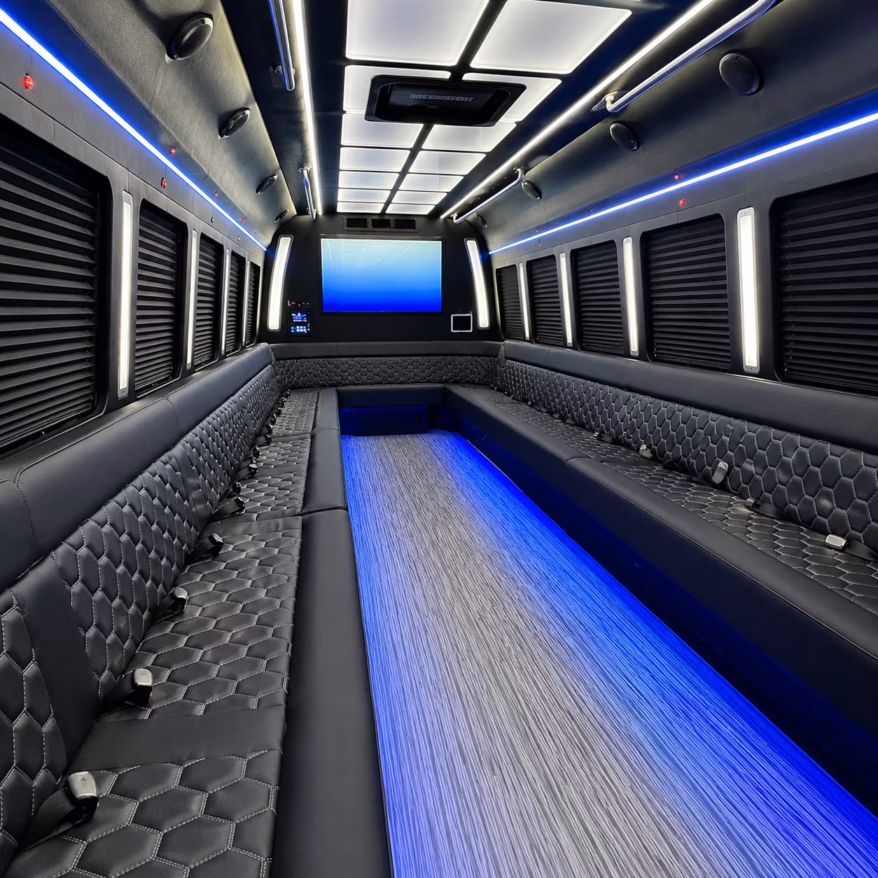 reading 50 passenger party bus inside